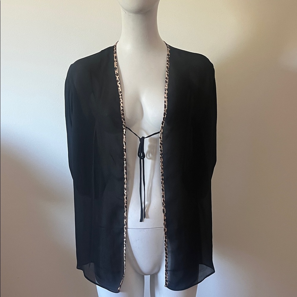 Natori Black Kimono with Leopard Print Trim